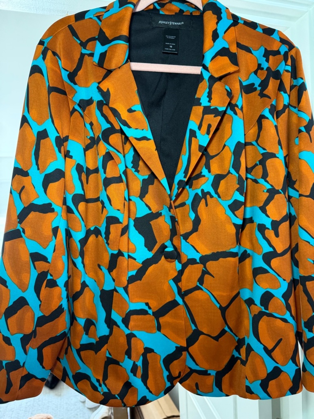 Ashley Stewart Turquoise and Rust Animal-Print Jacket